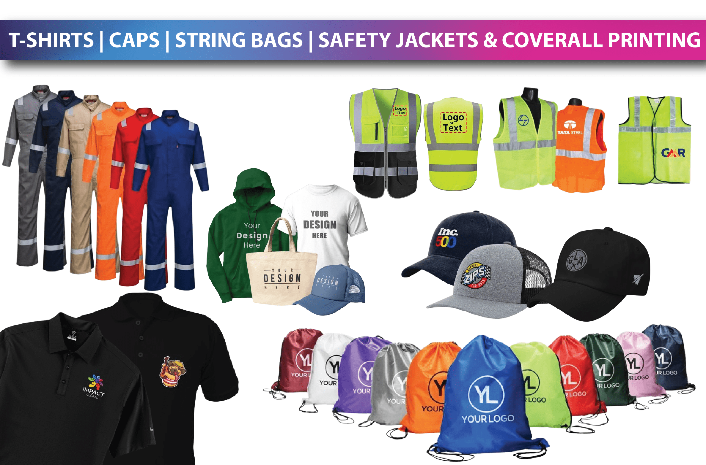 T-SHIRTS, CAPS, STRING BAGS, SAFETY JACKETS & COVERALL PRINTING IN UAE