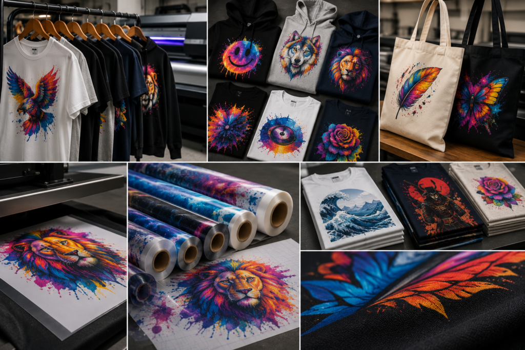 DTF printed apparel collage with custom t-shirts, hoodies, tote bags, transfer rolls, and fabric prints