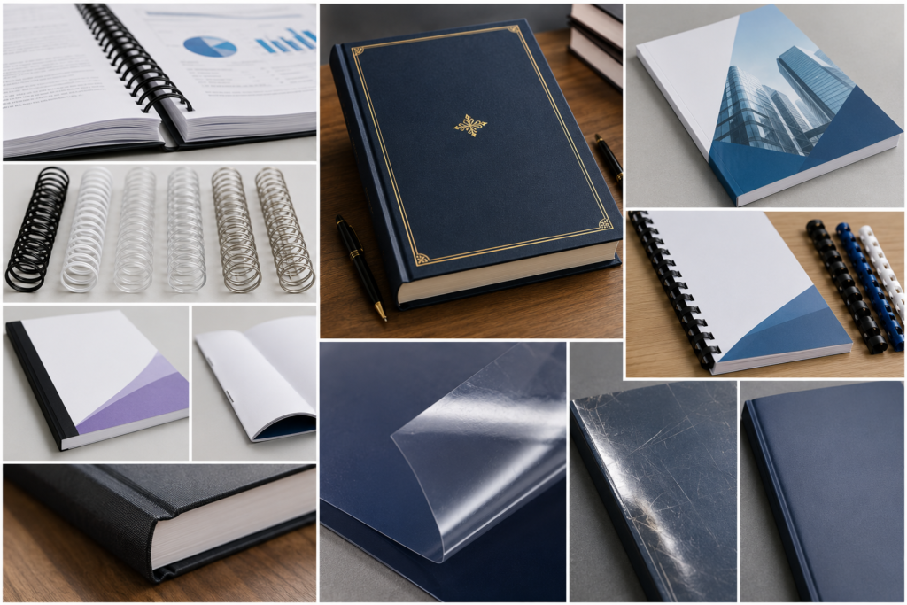Professional document binding collage with spiral, hardcover, perfect, comb binding, and lamination finishes