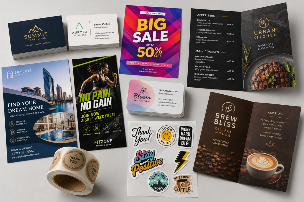 Digital printing services UAE - business cards, flyers, menus, stickers Dubai Sharjah