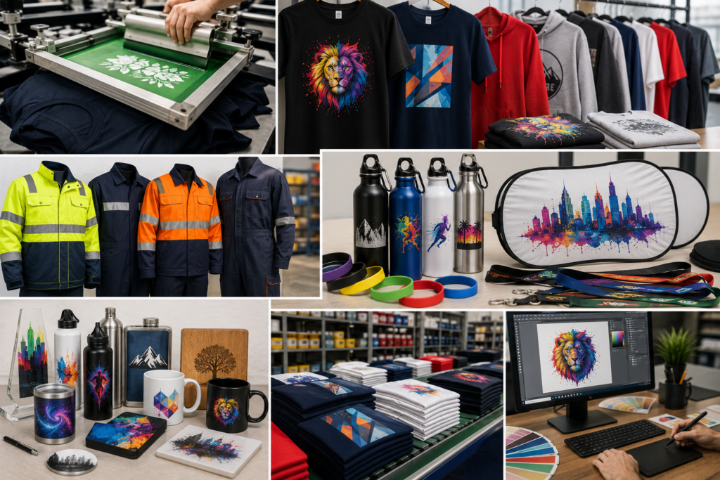 Screen printing services collage with t-shirts, workwear, bottles, wristbands, and promotional merchandise in UAE