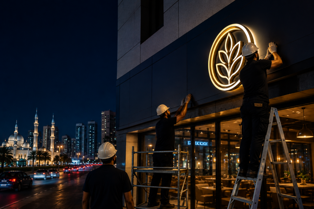 3D illuminated shopfront sign installation in Sharjah at night