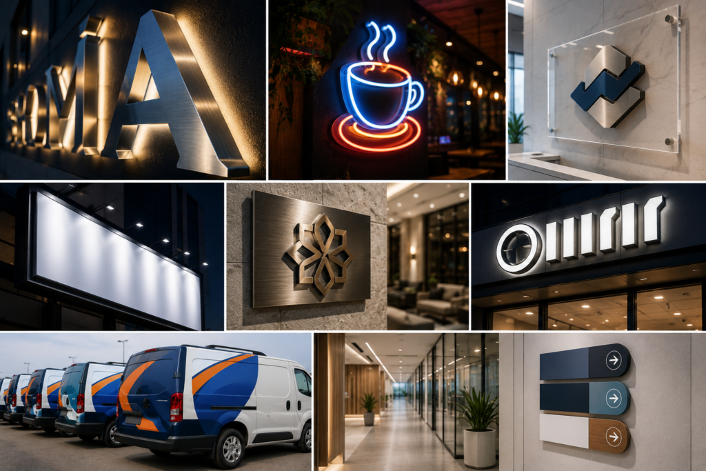 Signage services collage with 3D letters, LED neon signs, acrylic boards, vehicle branding, and wayfinding signage in Dubai and Sharjah
