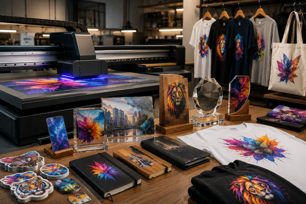 UV DTF printing studio in Sharjah with custom printed acrylic products, awards, apparel, and promotional merchandise